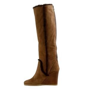 Brown Suede Knee-High Wedge Boots